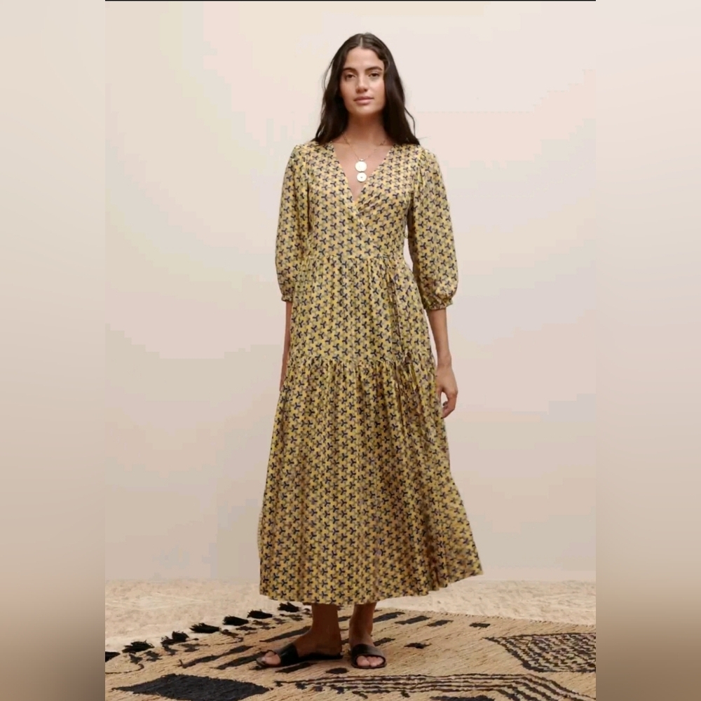 NWT Banana Republic The White Lotus Cotton Wrap Dress Size Large In Yellow Print